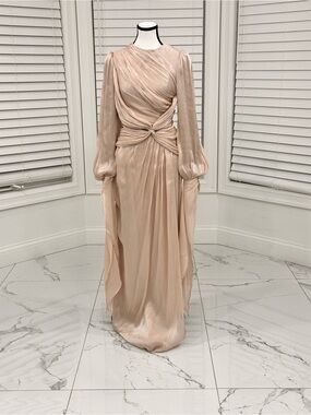 Elegant Blush Long-Sleeve Evening Gown